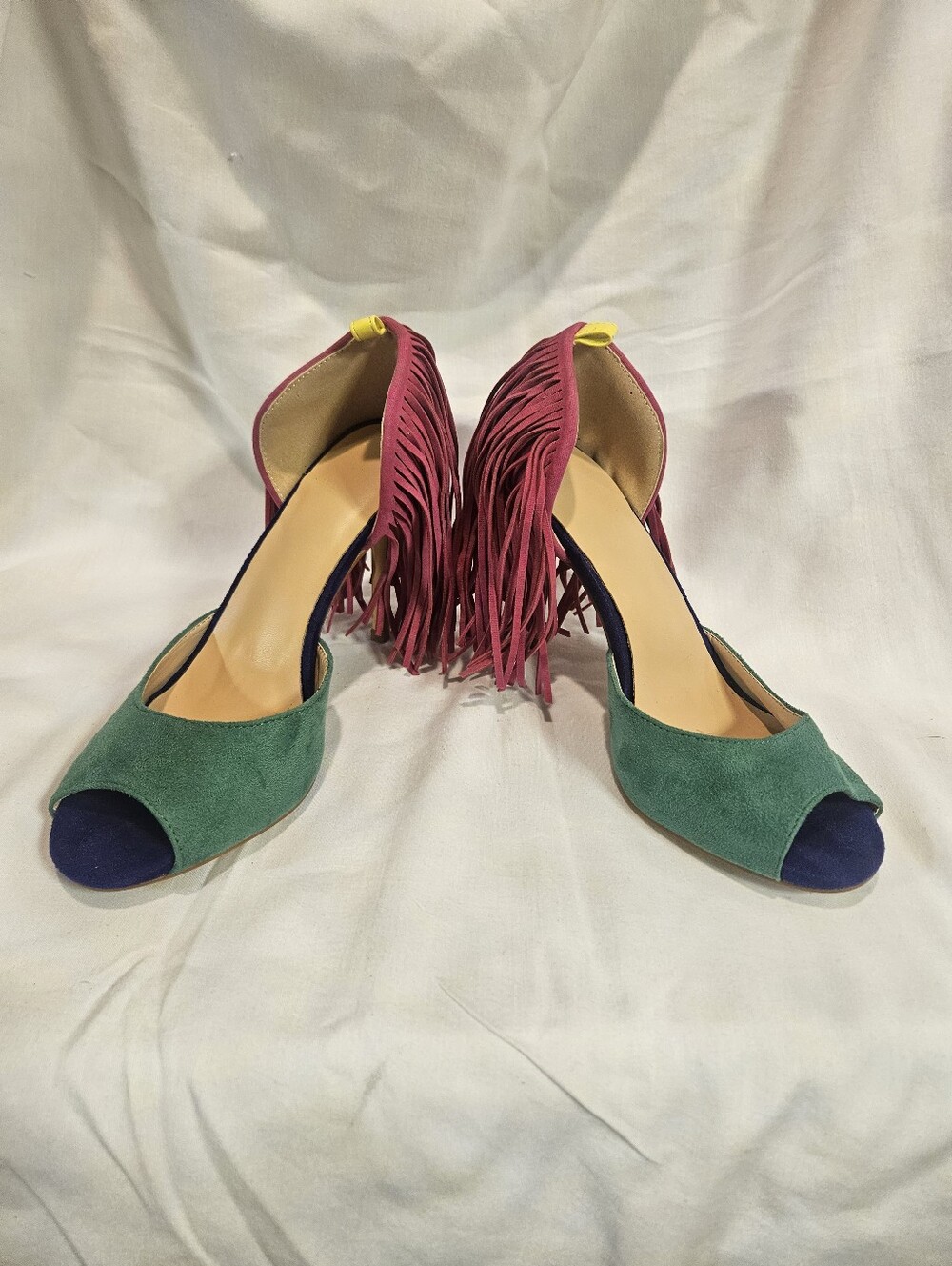 Green and Pink Suede Fringe Peep-Toe Heels Womens Size 38